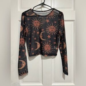 Celestial Y2K Stretchy Mesh Long Sleeve Womens Shirt Sun Moon Stars See Through